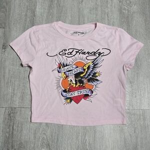 Ed Hardy Crop Top Pink Top Eagle Hearts  "Brave Hearts Stay True!" Grunge